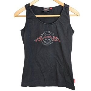 Victory Motorcycles Womens Small Black Graphic Tank Top Skull Roses Rhinestone